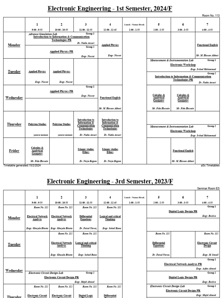 Electronic Engineering Timetable 2024 | PDF | Electronic Oscillator ...