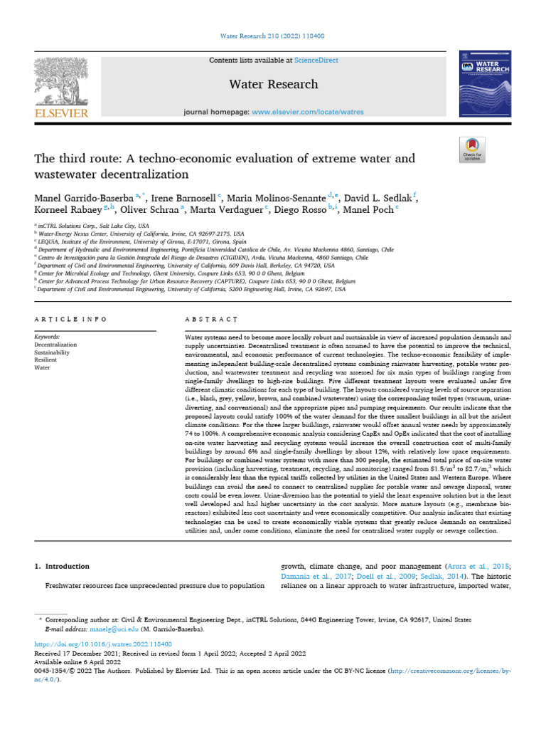 Techno-Economic Evaluation of Decentralized Water Systems | PDF ...
