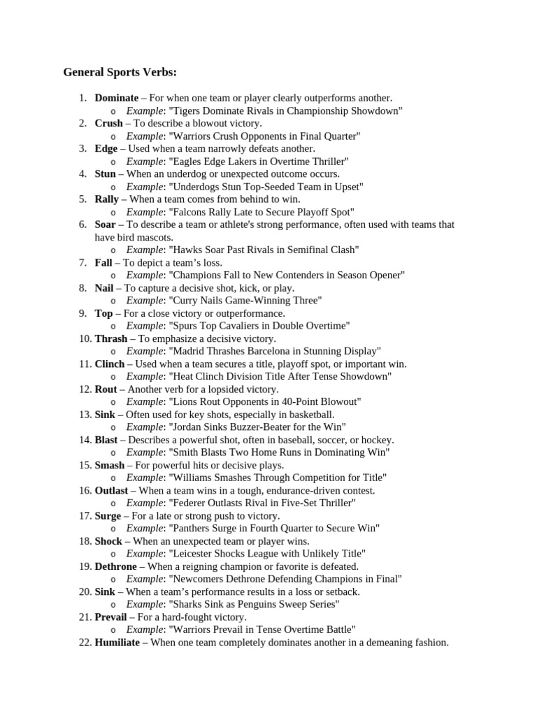 General Sports Verbs | PDF | Association Football | Volleyball