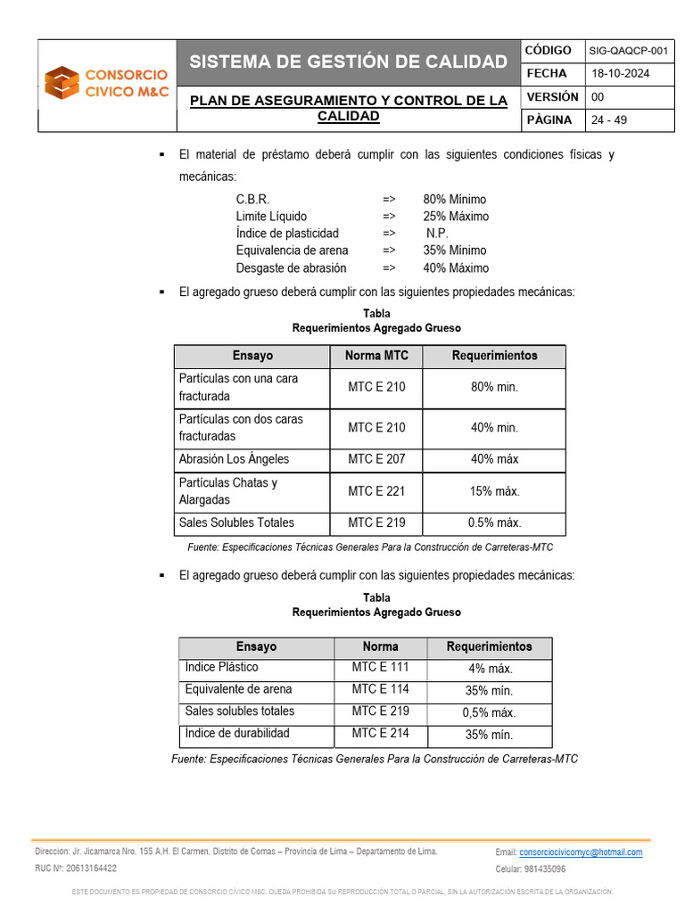 Plan de Control de Calidad en Construcción | PDF | Materiales