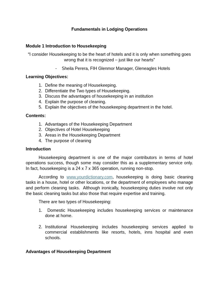 Housekeeping Essentials in Hotel Operations | PDF | Housekeeping | Linens