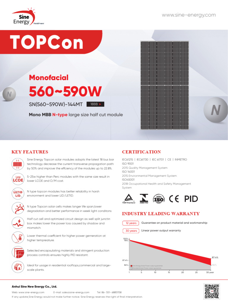 Sine Energy 585W Topcon Module Datasheet | PDF | Manufactured Goods ...