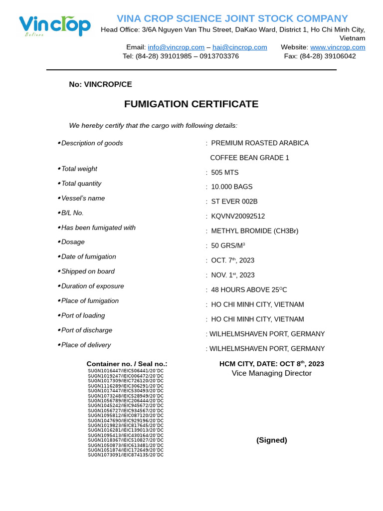 Fumigation Certificate for Coffee Beans | PDF | Agriculture | Drink