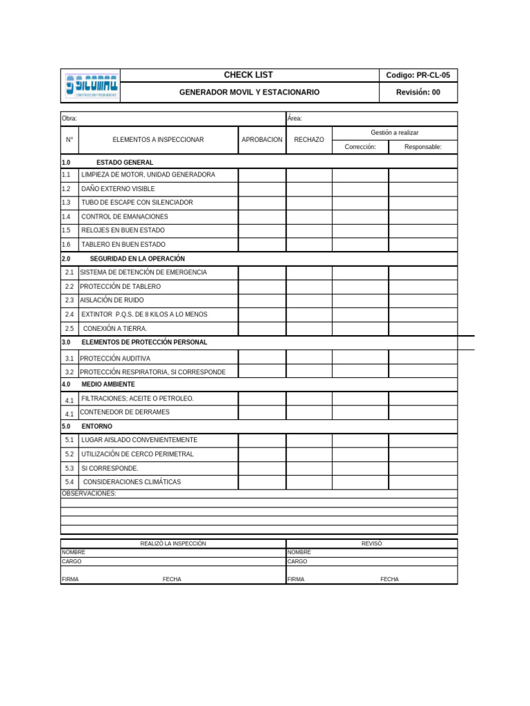 Checklist de Inspección de Generadores | PDF