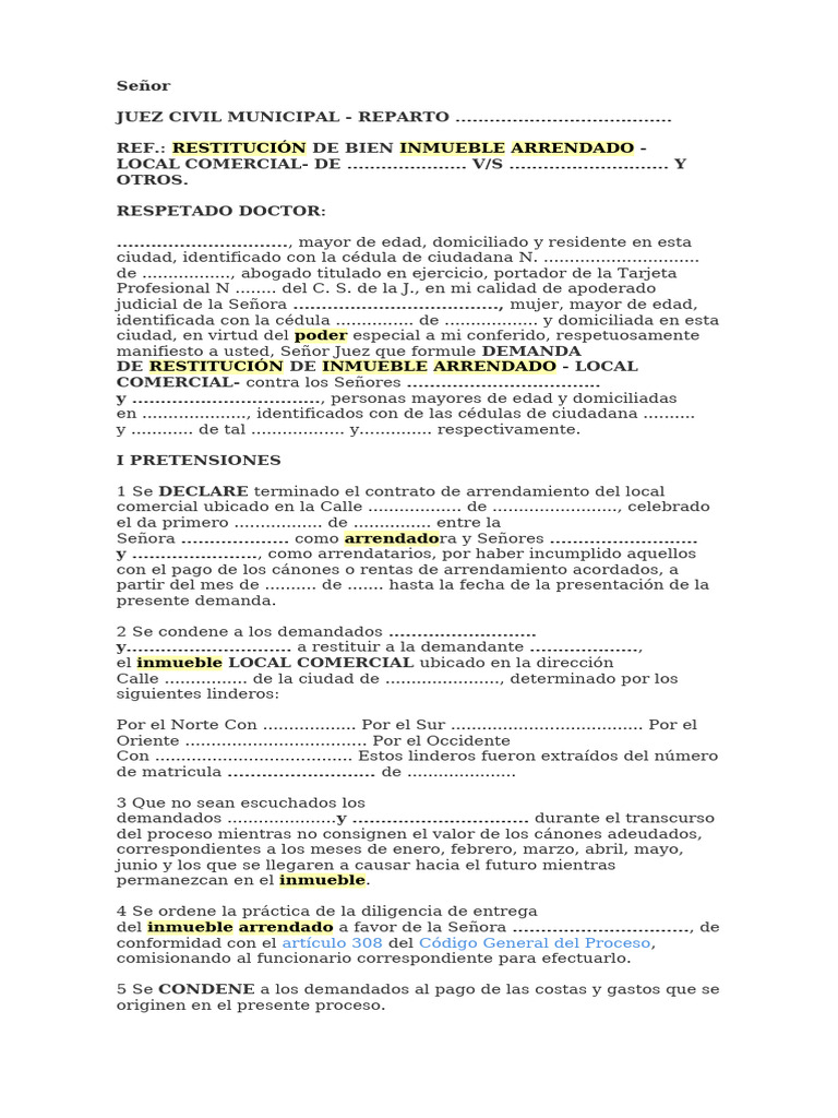 Restitución de Local Comercial Arrendado | PDF | Demanda judicial ...