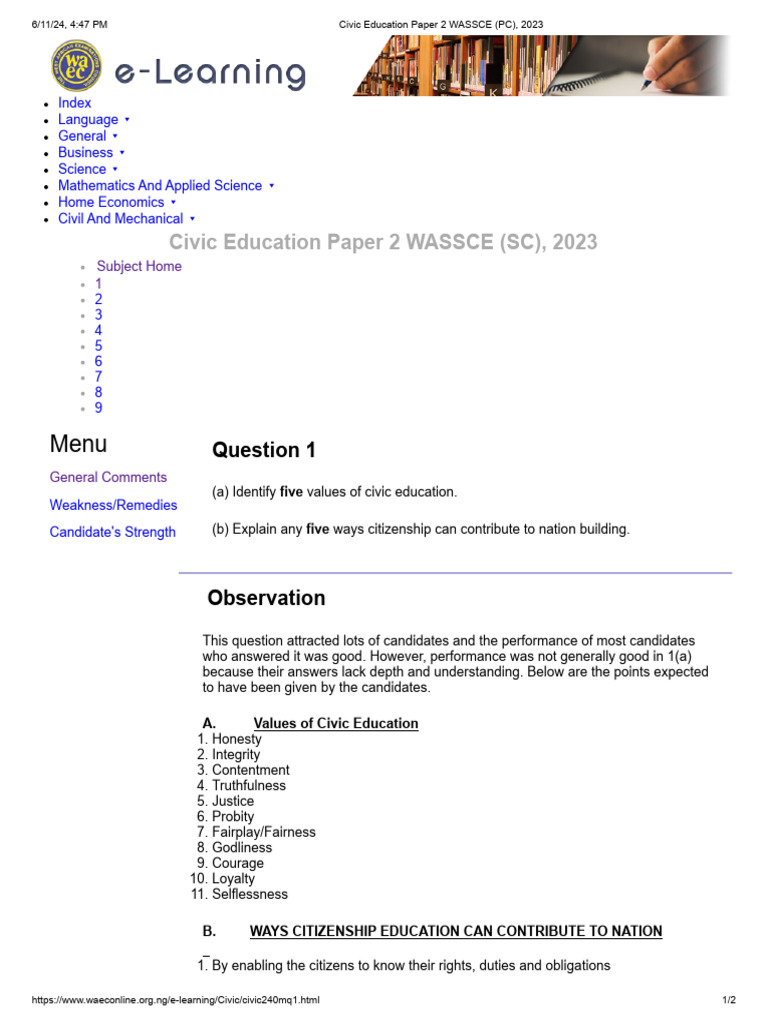 Wassce Waec 2023 Civic Education Paper 2 Past Questions and Answers PDF ...
