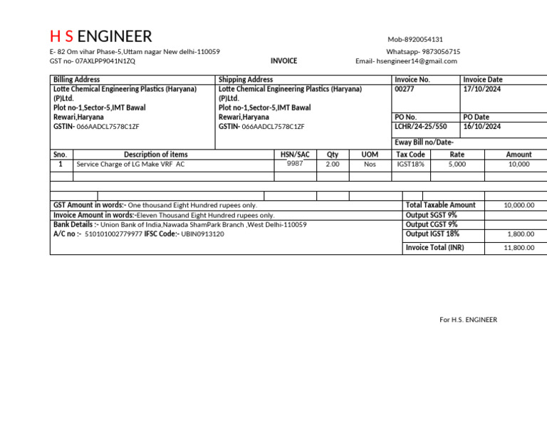 Invoice No - 277 For Lotte Chemical India (P) Ltd. | PDF