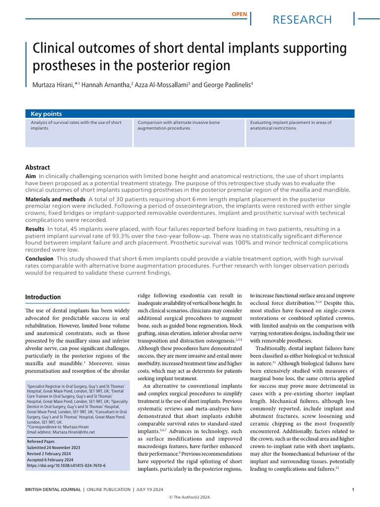 Clinical Outcomes of Short Dental Implants Supporting Prostheses in The ...