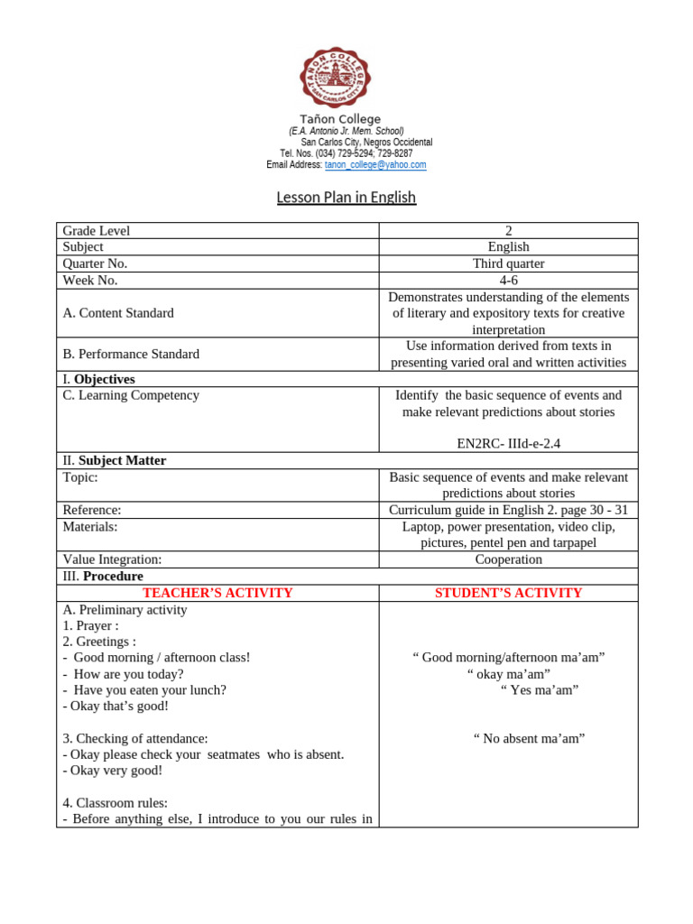 Grade 2 English Lesson Plan | PDF | Lesson Plan | Teachers