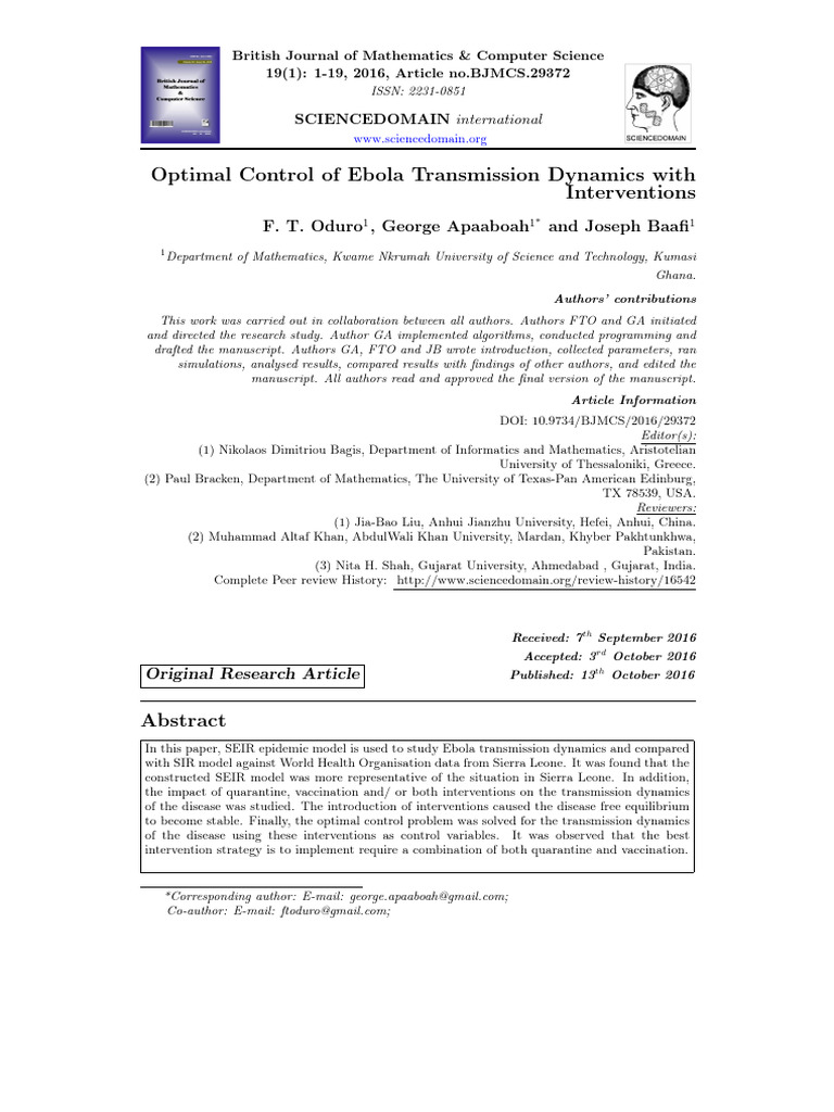Optimal Control of Ebola Transmission Dynamics Wit | PDF | Epidemiology ...