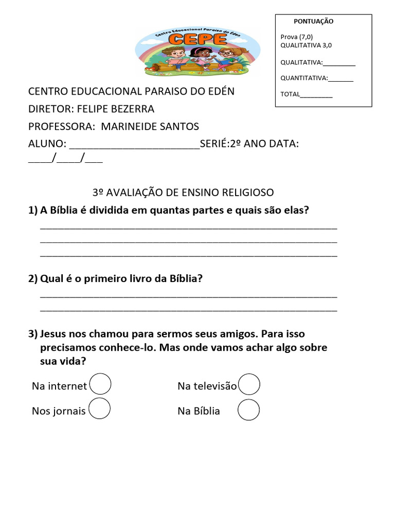 Avaliação de Ensino Religioso - 2º Ano | PDF | Jesus | Evangelho de Lucas