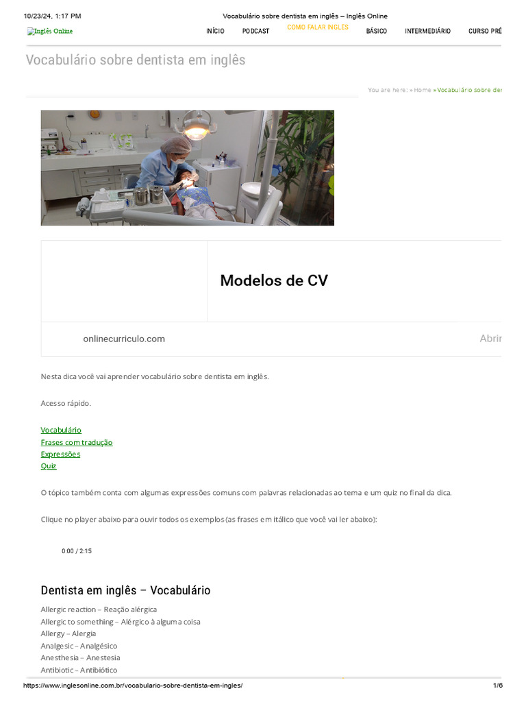 Vocabulário de Dentista em Inglês | PDF | Dente humano | Odontologia
