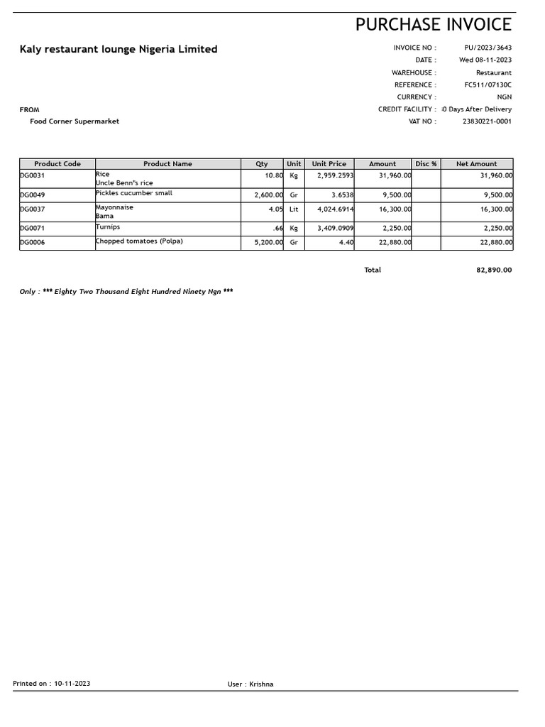 Kaly Restaurant Invoice for Food Supplies | PDF