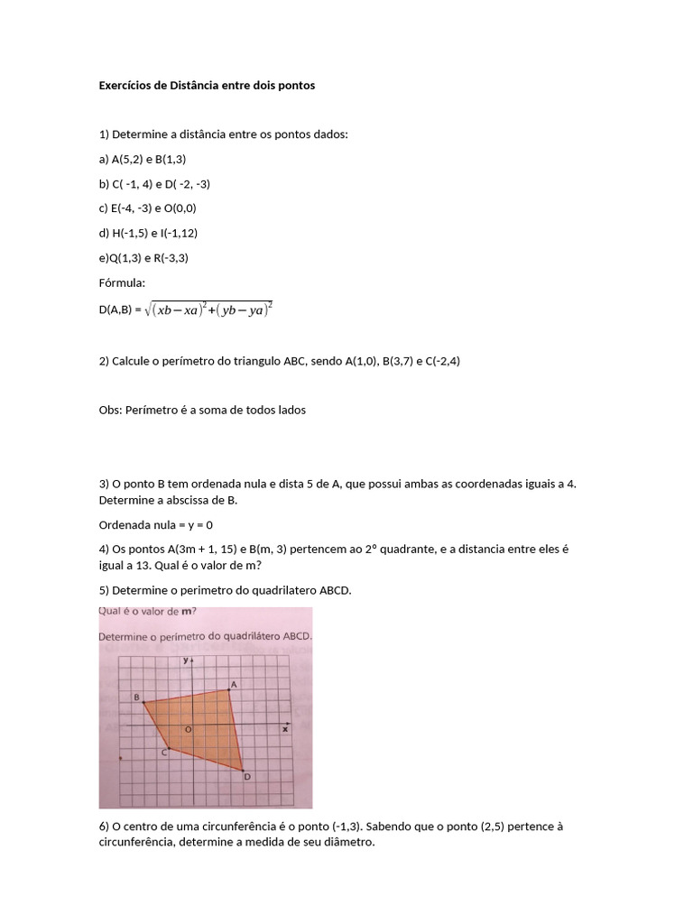 Exercícios de Distância Entre Dois Pontos Até o 7 Sem Correção | PDF