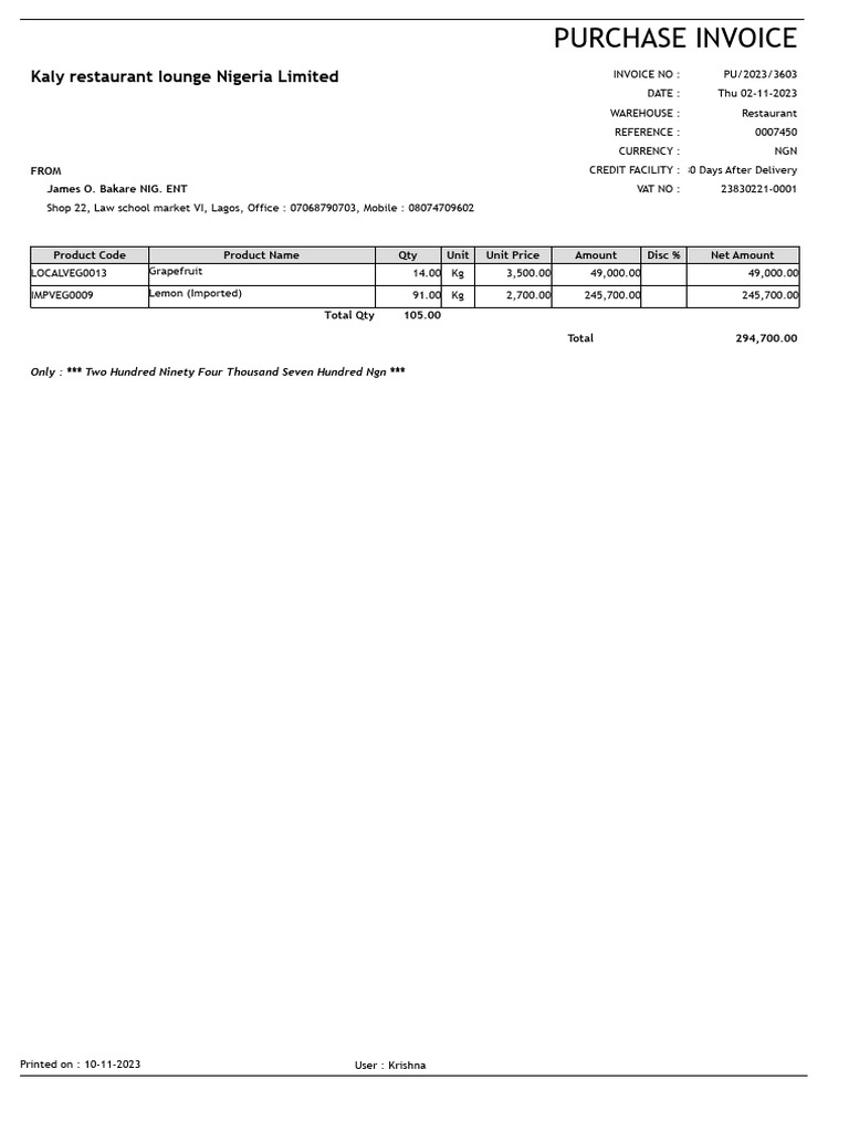 Kaly Restaurant Invoice for Vegetables | PDF