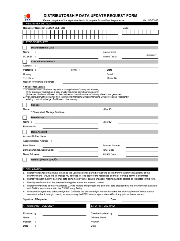 Distributorship Data Update Request Form | PDF