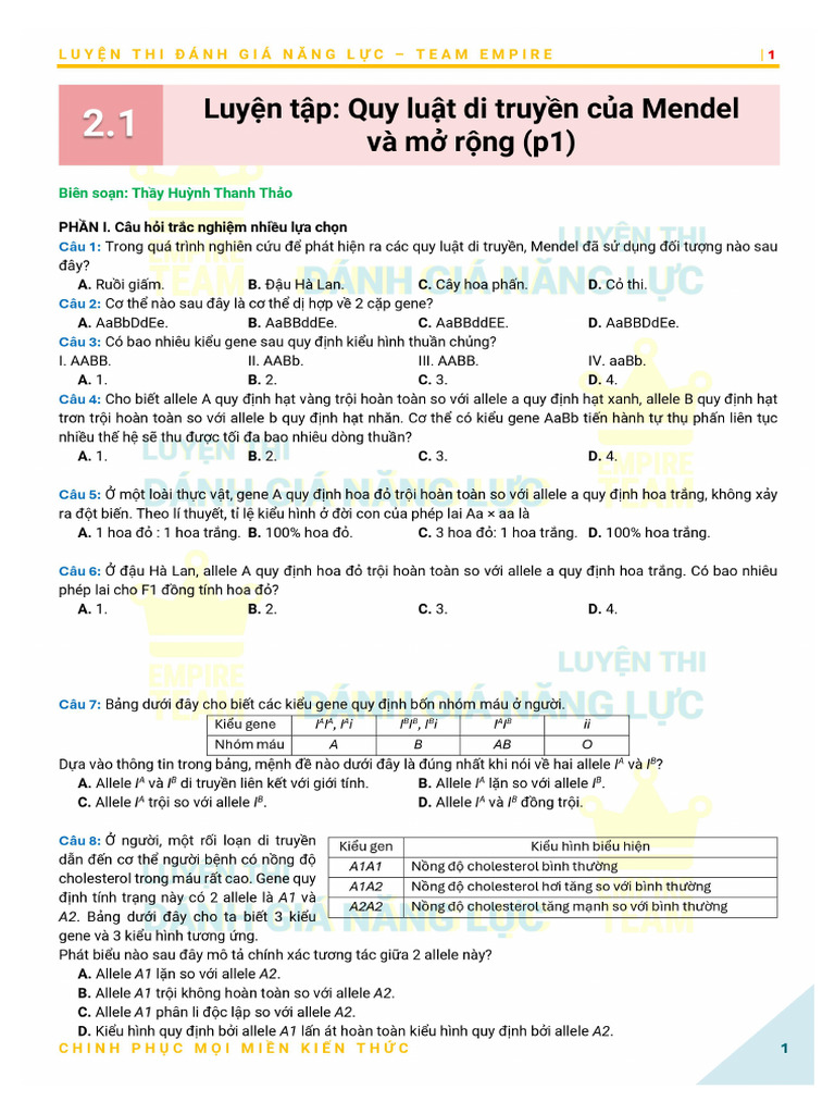 1B1 QUY LUẬT DI TRUYỀN CỦA MENDEL VÀ MỞ RỘNG PDF | PDF