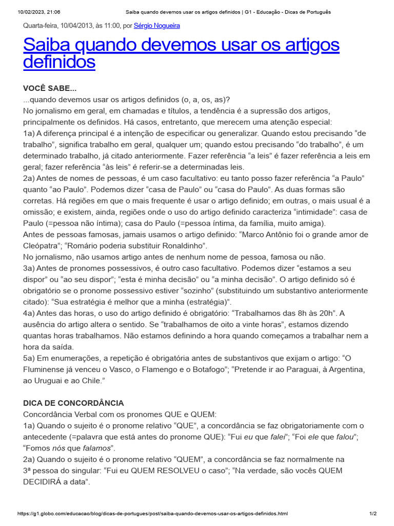 Saiba Quando Devemos Usar Os Artigos Definidos - G1 - Educação - Dicas ...