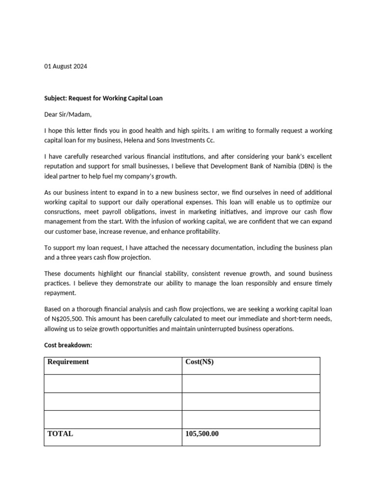 Working Capital Loan Request Letter | PDF | Loans | Expense