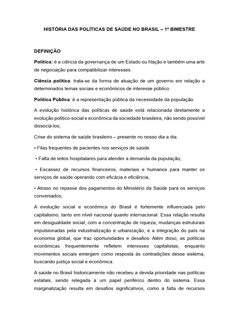 Evolução das Políticas de Saúde no Brasil | PDF | Economia | Saúde pública