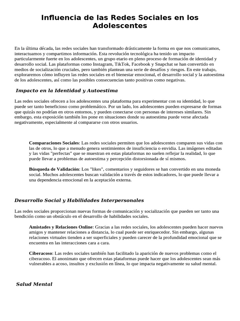 Influencia de Las Redes Sociales en Los Adolescent | PDF | Servicio de ...