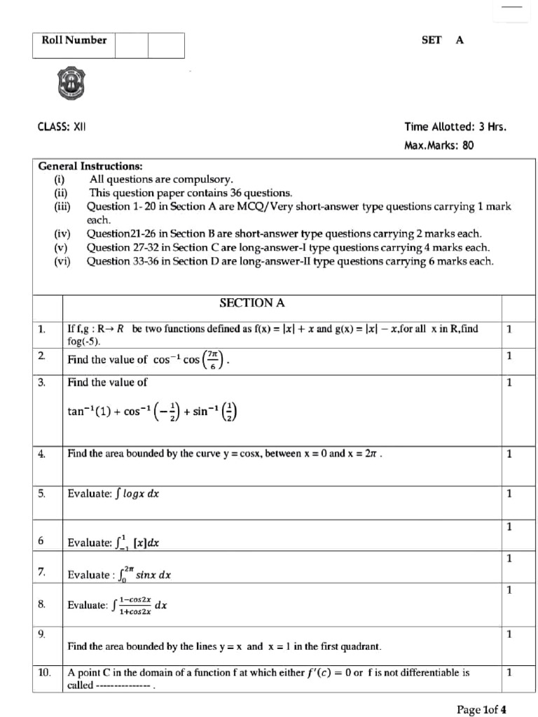 Class XII Mathematics Question Paper | PDF | Area | Trigonometric Functions