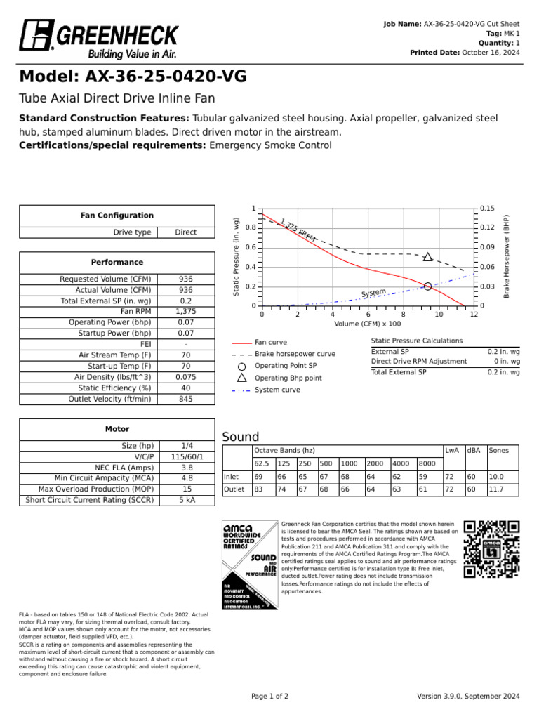 AX-36-25-0420-VG Inline Fan Cut Sheet | PDF | Horsepower | Manufactured ...
