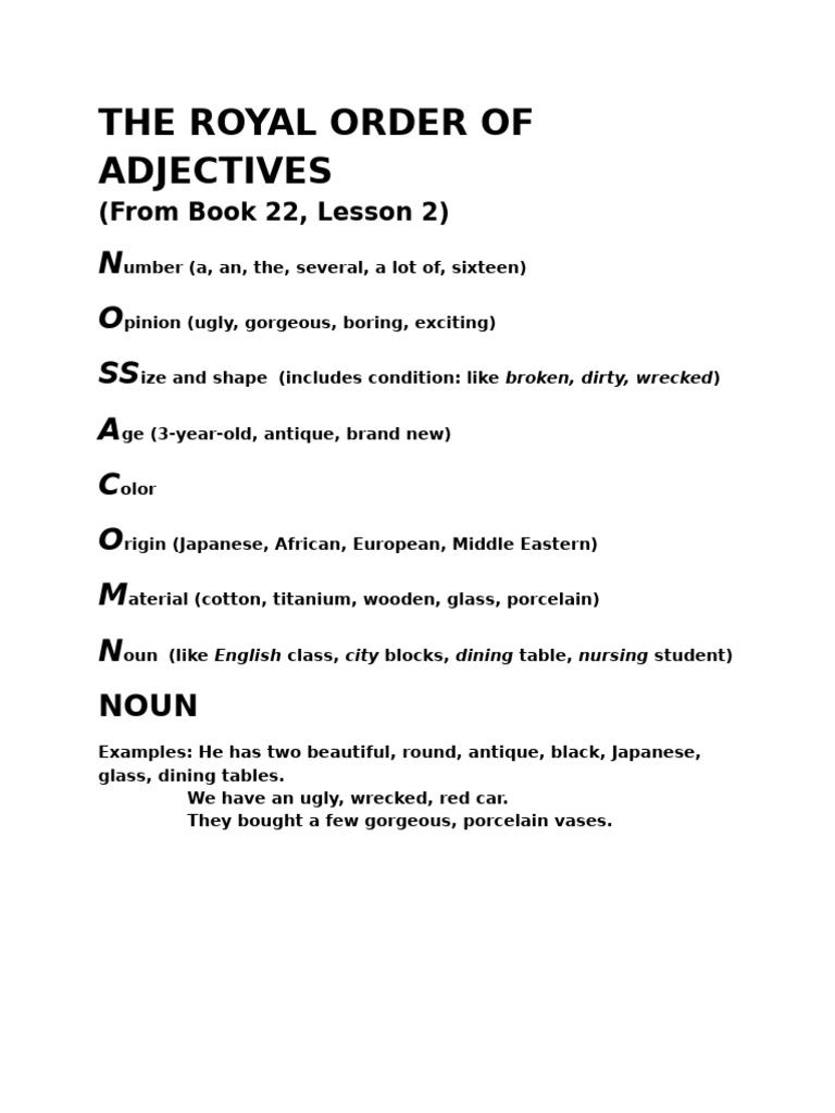 Royal Order of Adjectives Explained | PDF