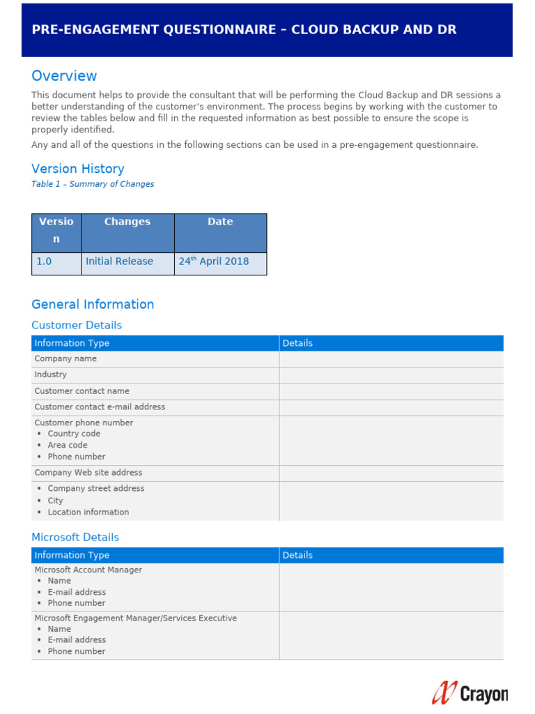 Pre-Engagement Questionnaire - Backup and DR v1.0 | PDF | Hyper V ...