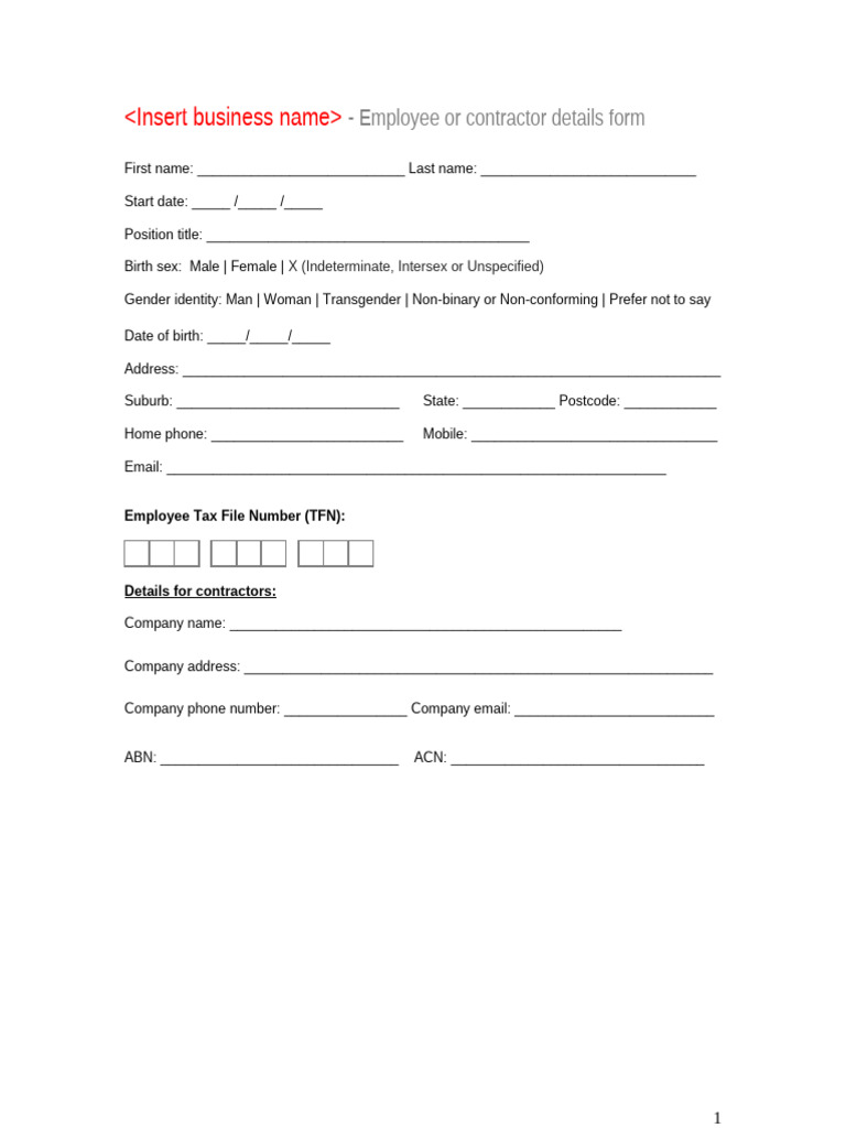 Employee and Contractor Details Form | PDF