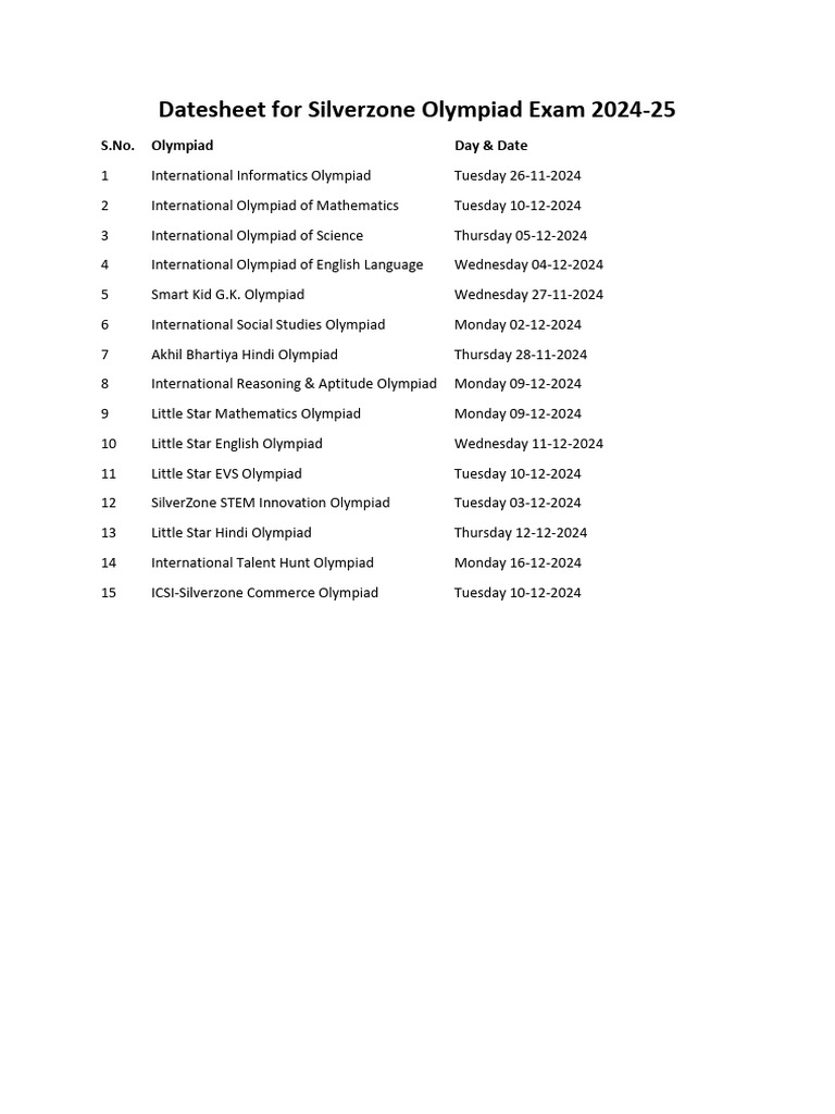 Silverzone Olympiad Exam Dates 2024-25 | PDF