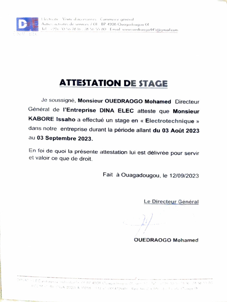 Attestation de stage en électrotechnique | PDF