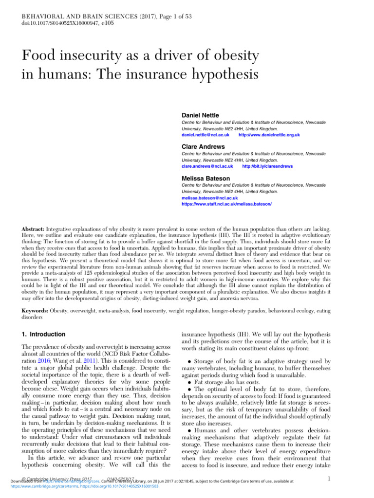 Food Insecurity As A Driver of Obesity - and Related Comments | PDF ...