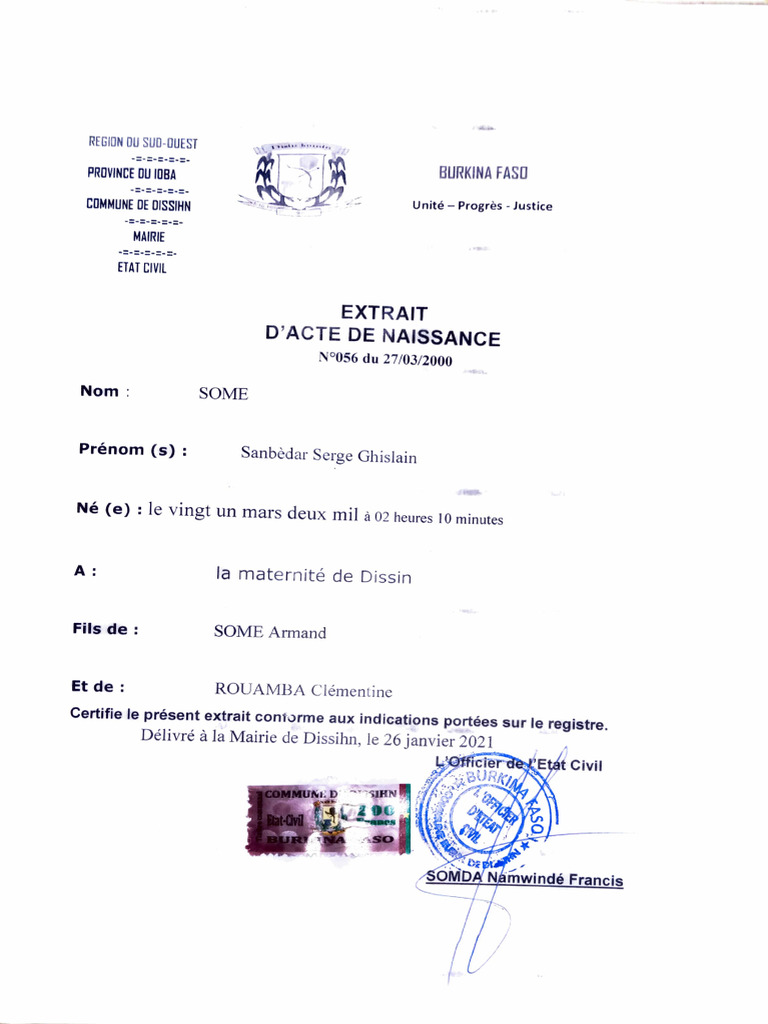 Extrait d'acte de naissance Burkina Faso | PDF