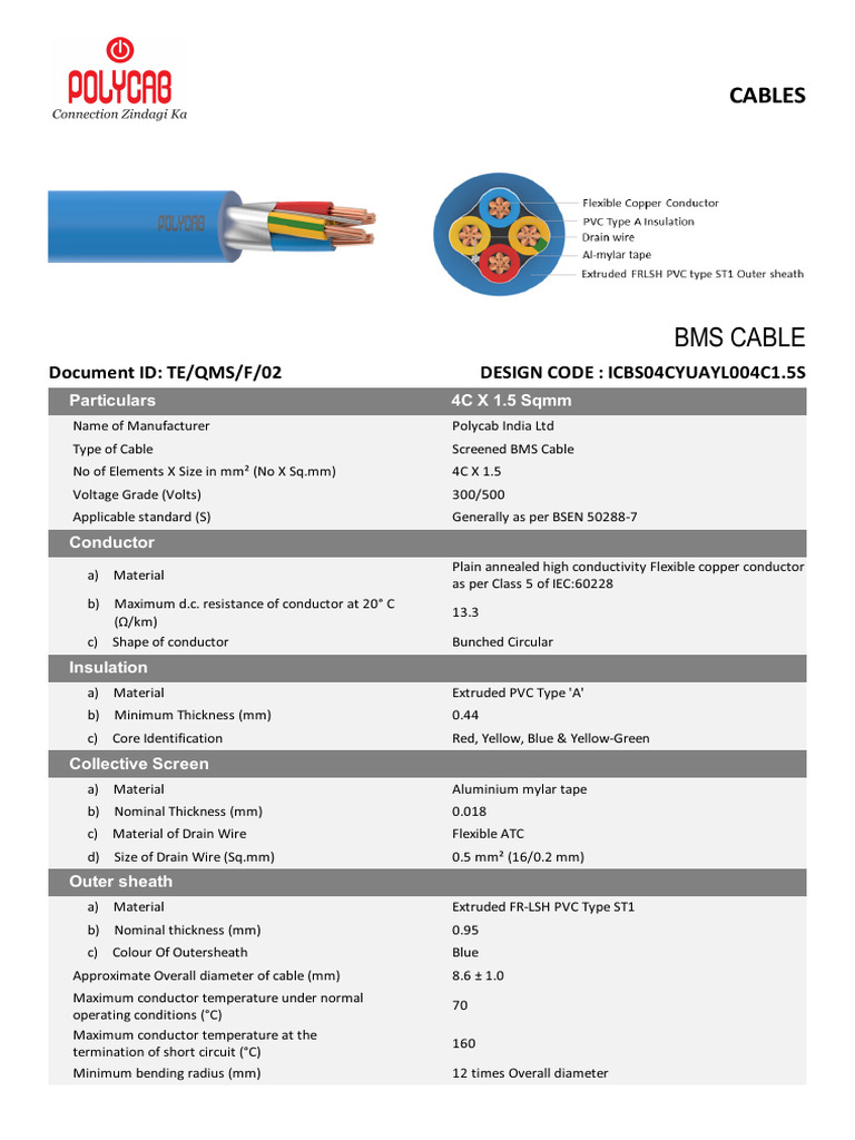 Screened BMS Cable Specifications | PDF | Electrical Conductor ...