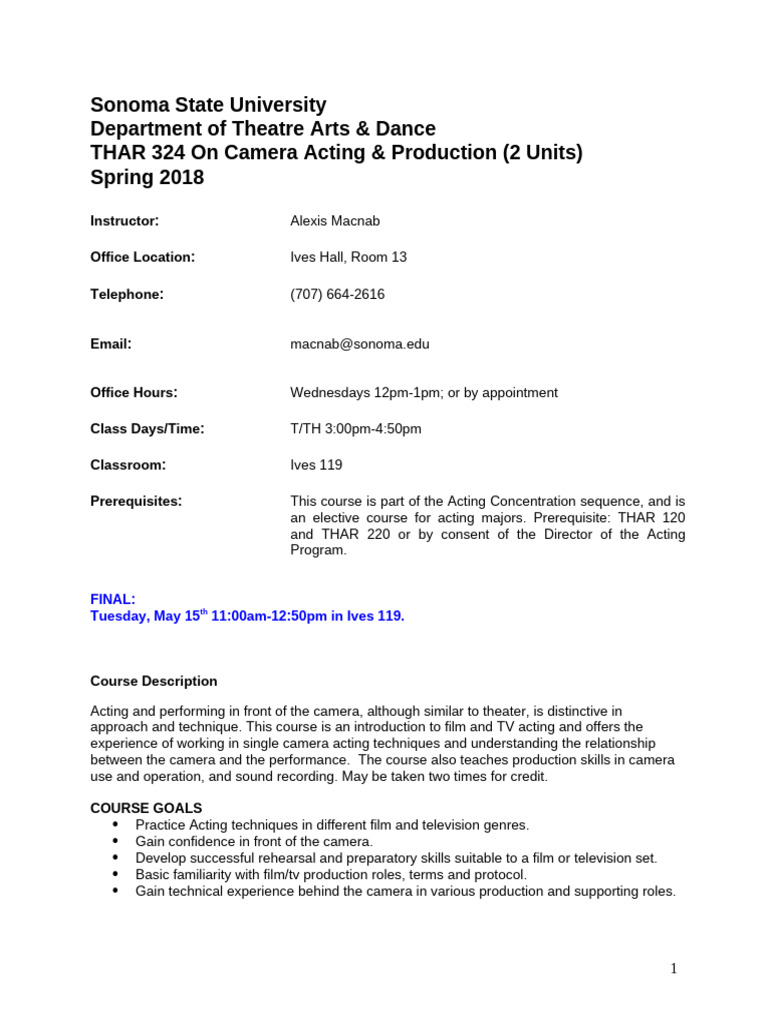 On-Camera Acting Course Overview | PDF | Academic Dishonesty