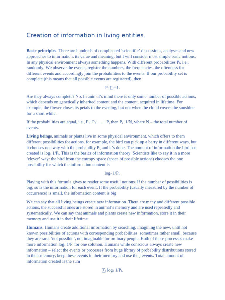 Creation of Information in Living Entities | PDF | Information | Evolution