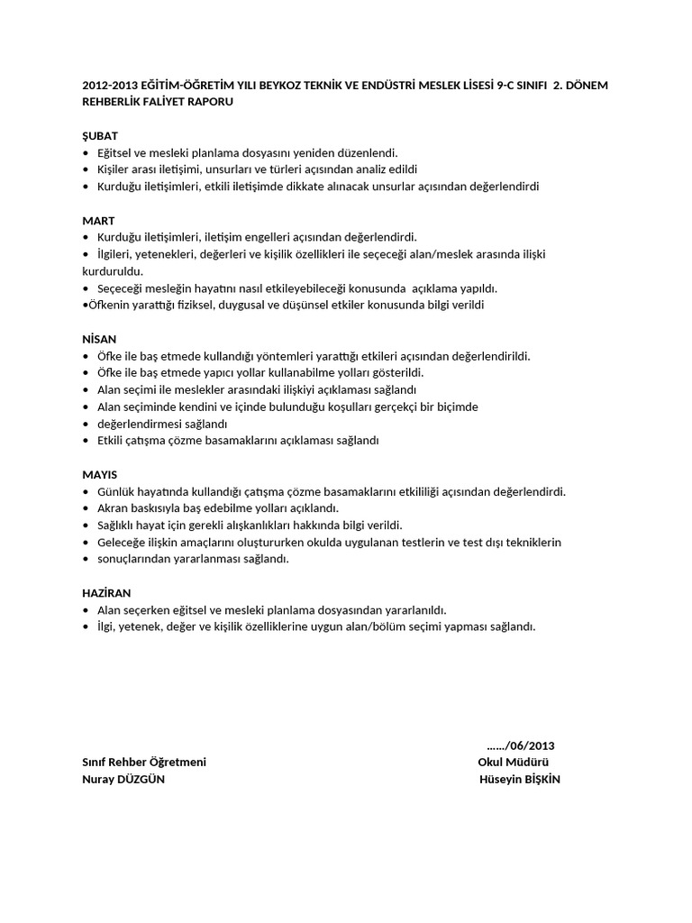 Rehberlik Faaliyet Raporu | PDF