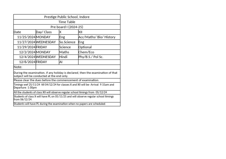Pre Board Time Table 2024-25 | PDF