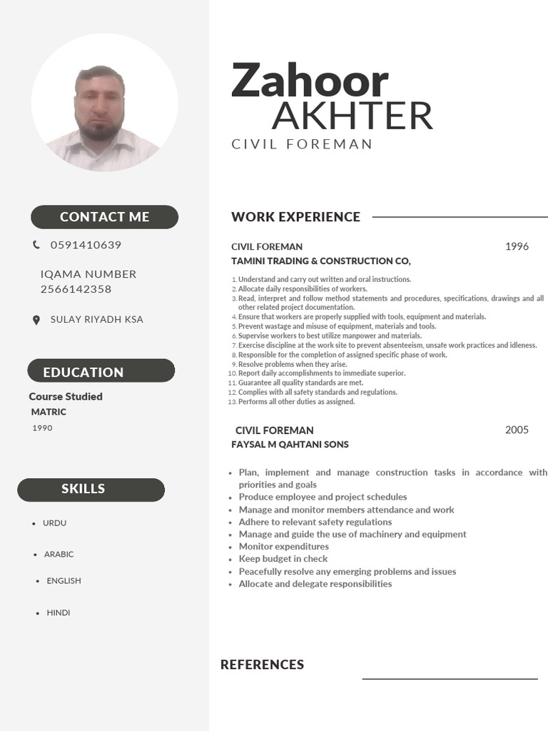 Civil Foreman Experience Overview | PDF