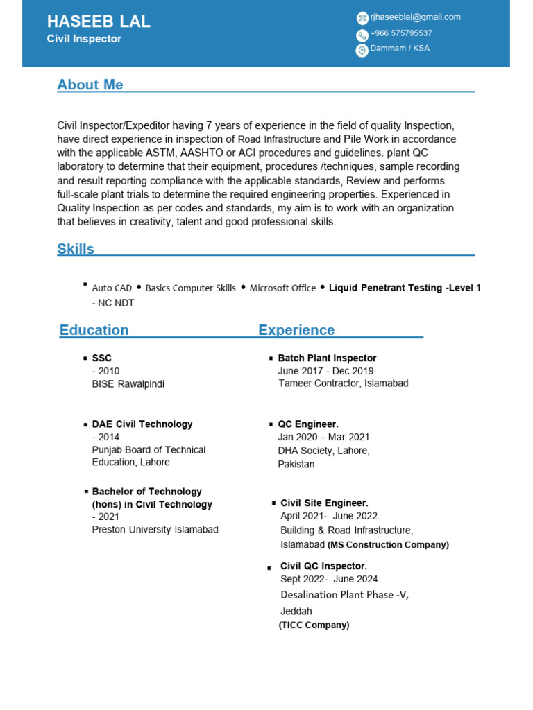 HASEEB - LAL Civil QC Inspector .2 PDF | PDF | Concrete | Calibration