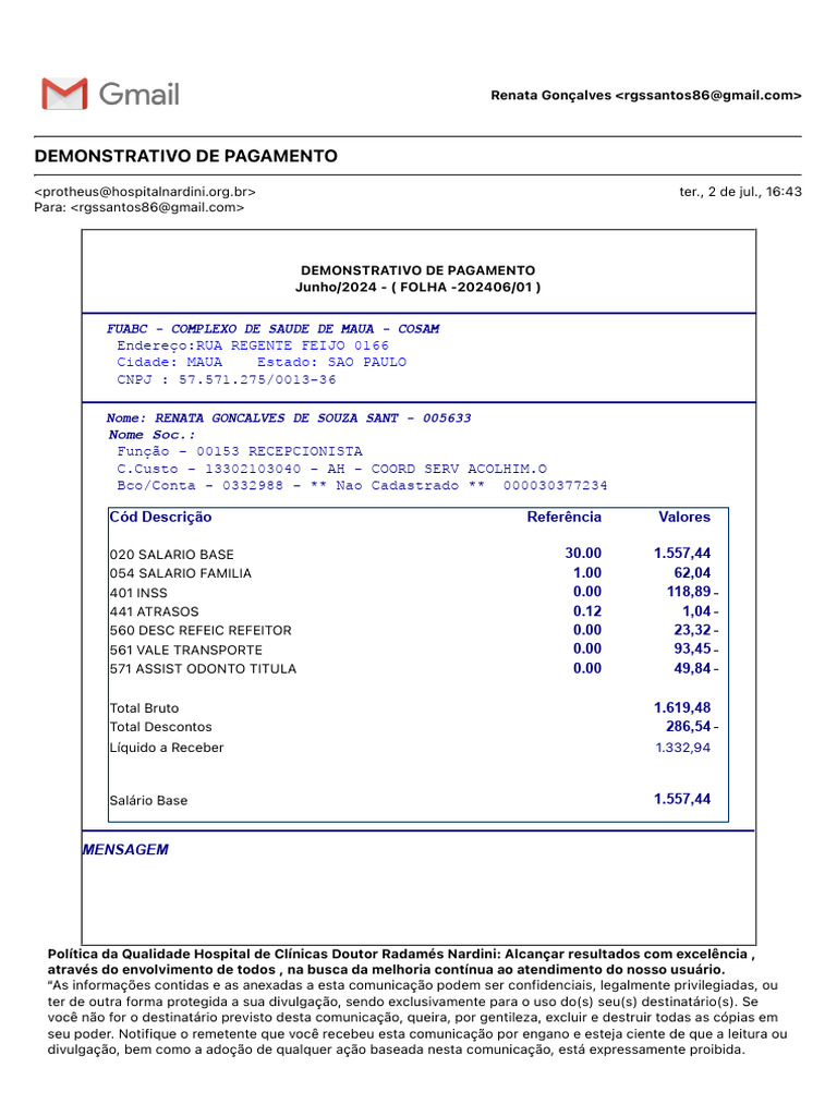 Demonstrativo de Pagamento Junho 2024 | PDF
