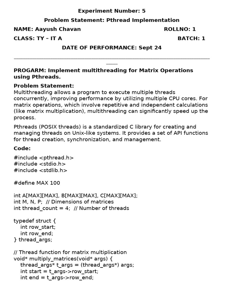 Lab5 Mat Ops Pthreads 11 | PDF | Thread (Computing) | Software Engineering