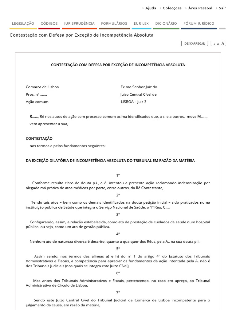 Contestação por Incompetência Absoluta | PDF | Réu | Estatuto de limitações