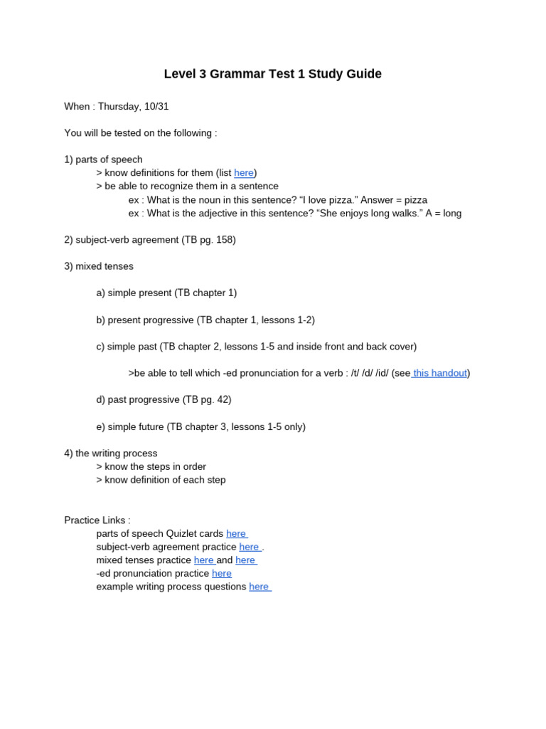 Level 3 Grammar Test 1 Study Guide Pdf
