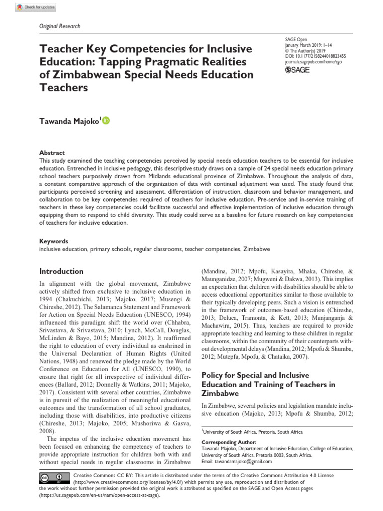Key Teacher Competencies for Inclusive Education in Zimbabwe | PDF ...