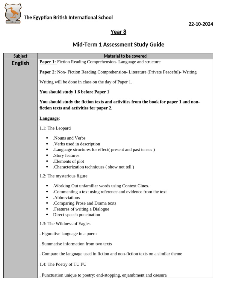 Year 8 Mid-Term Study Guide | PDF