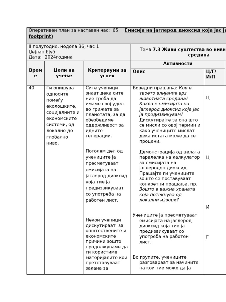 Оперативен план за наставен час 65,7 одделение | PDF