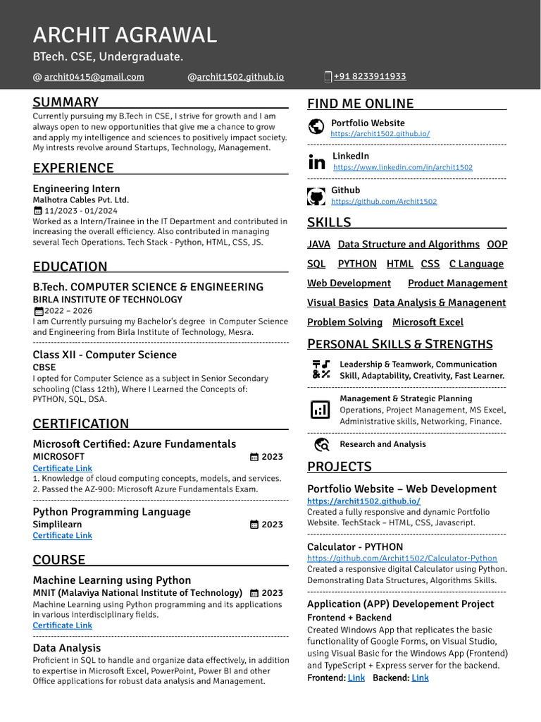 B.Tech CSE Student Portfolio & Skills | PDF | Web Development | Computing