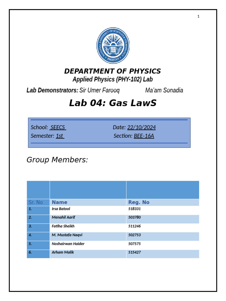 APPLIED PHYSICS Lab Report 4 | PDF | Gases | Pressure